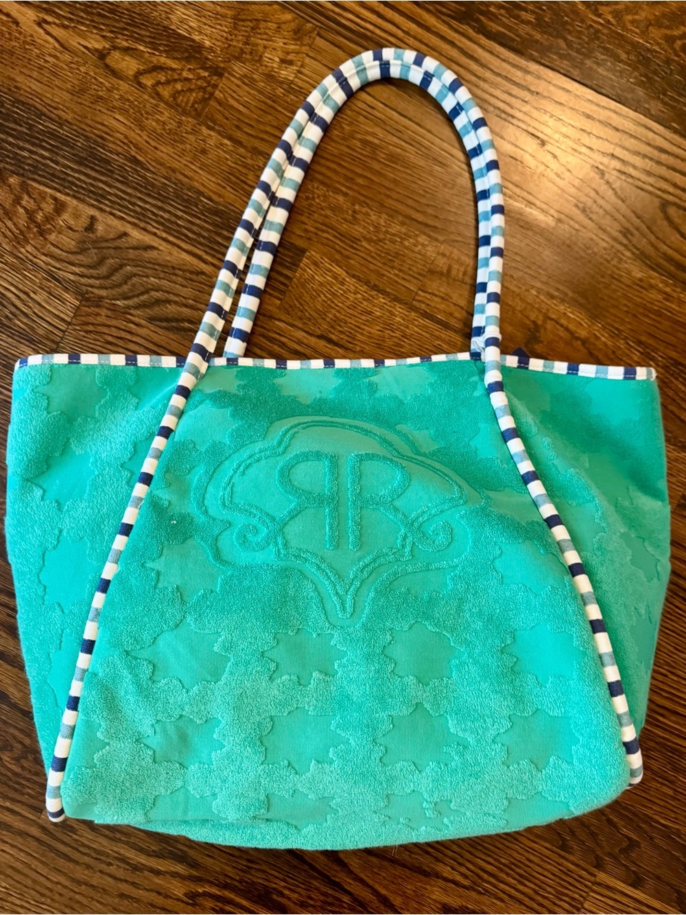 Roller Rabbit Turquoise Embossed Tote with Striped Rope Handles